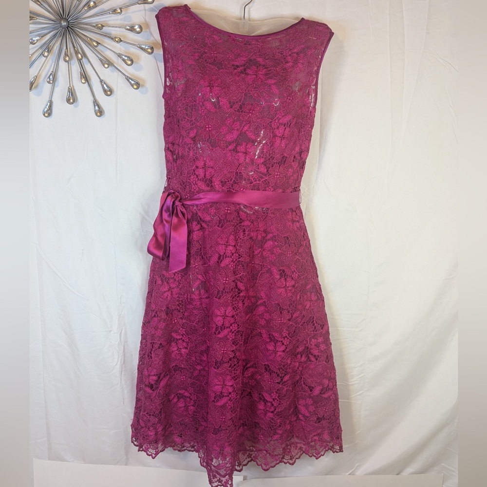 Elegant Fuscia Hot Pink Rickie Freeman Teri Jon Lace Cocktail Dress 4